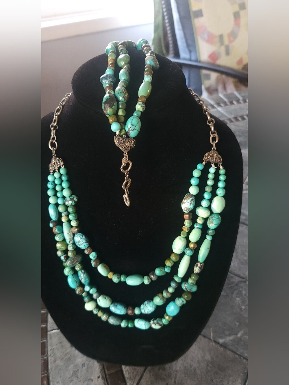 Turquoise Tone Multi Strand Necklace Bracelet Set Boho Filigree